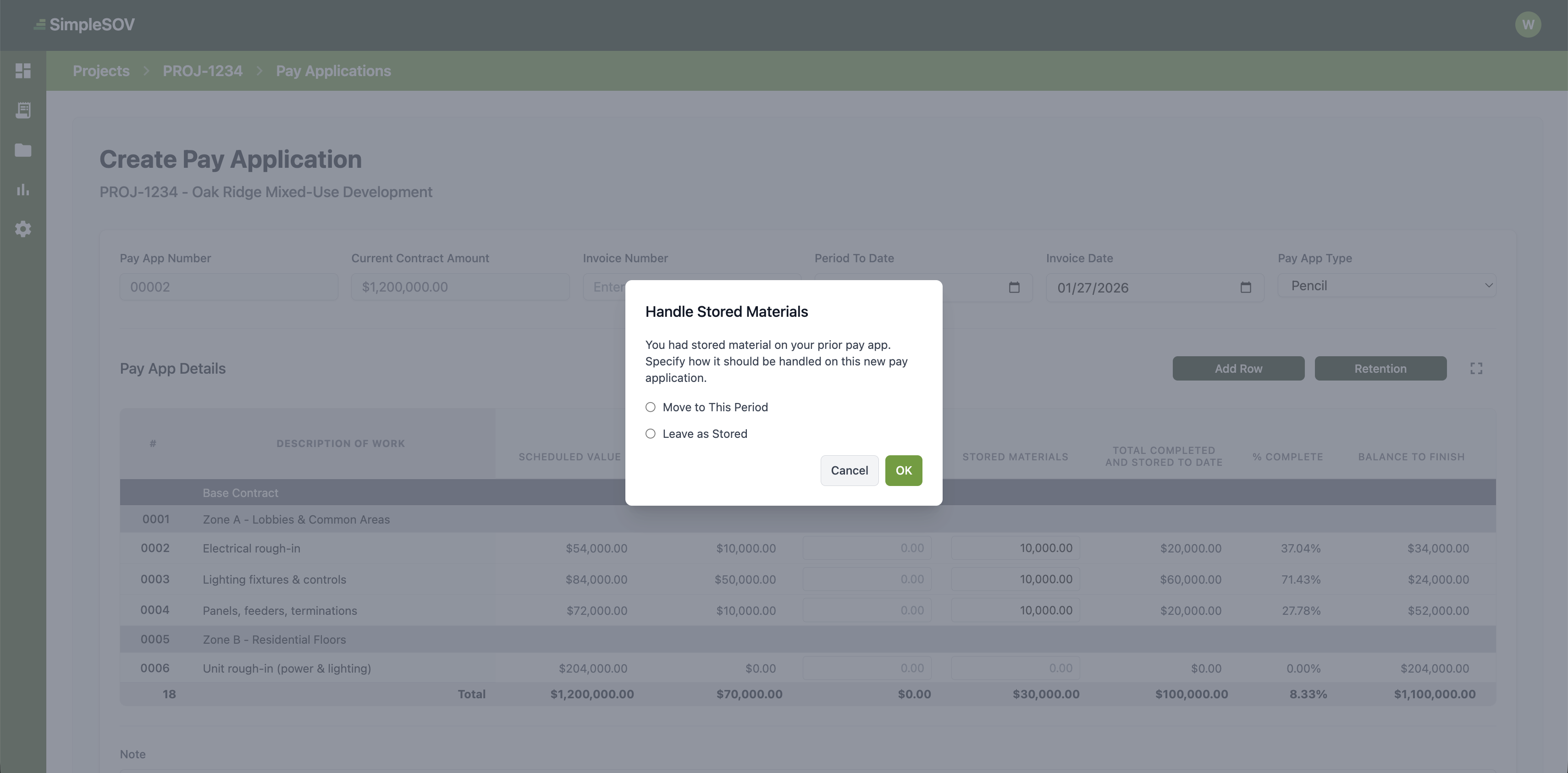 Stored materials handling screenshot