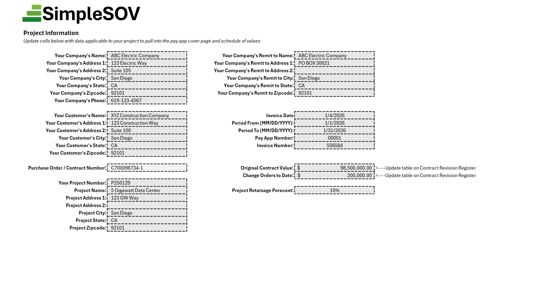 Step 1: Setting up project information in the Schedule of Values template