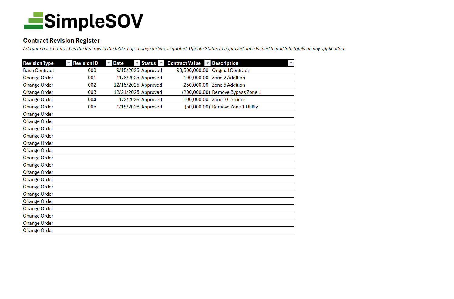 Step 2: Tracking base contract and change orders in the Schedule of Values template
