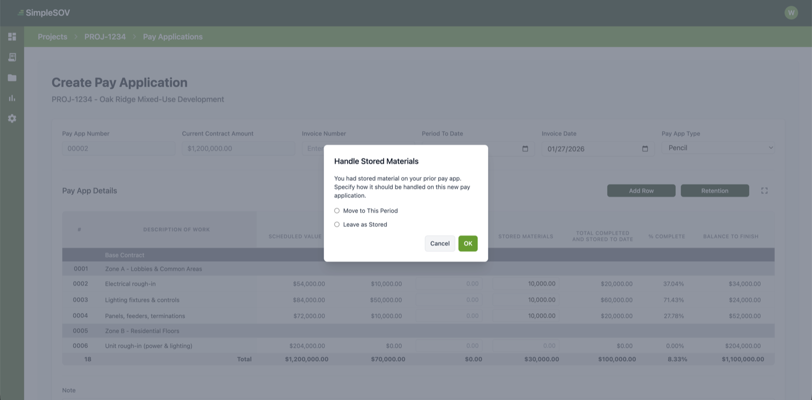 After: SimpleSOV stored materials tracking